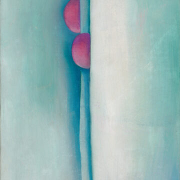 Vertical oil painting with two distinct bluish lines that run down the center of the canvas. Peeping out of these lines are two small half spheres in pink, as if emerging from behind curtains, located in the upper center of the painting.